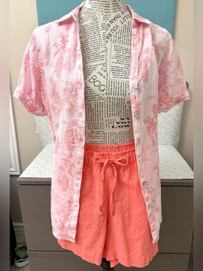 Pink & Coral Linen Button Up Shirt Coral Gap Shorts 2 Piece Cover Up Vacay Set M